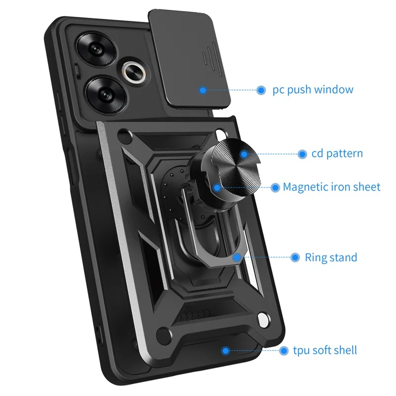 For Xiaomi Redmi 13C 5G / 13R 5G / Poco M6 5G Case with Slide Camera Cover Kickstand PC+TPU Phone Back Shell - Black-Cellmalls