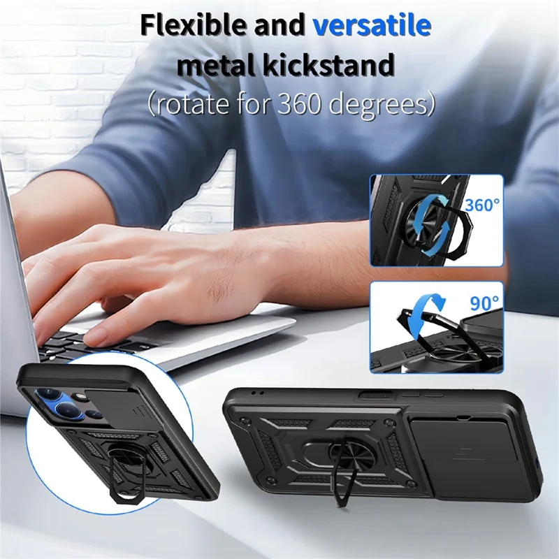 For Xiaomi Redmi 15C 5G (EU) (173mm) / 15C 4G (EU) (173mm) Case with Slide Camera Lid PC + TPU Kickstand Phone Cover - Black-Cellmalls