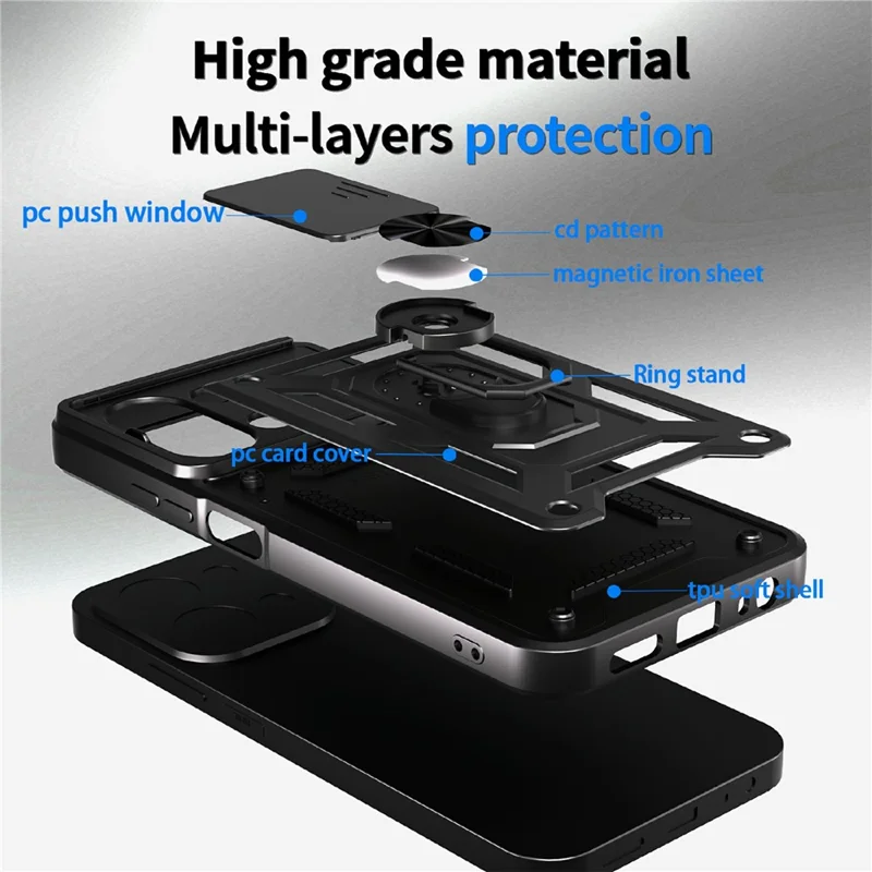 For Xiaomi Redmi 15C 5G (EU) (173mm) / 15C 4G (EU) (173mm) Case with Slide Camera Lid PC + TPU Kickstand Phone Cover - Black-Cellmalls