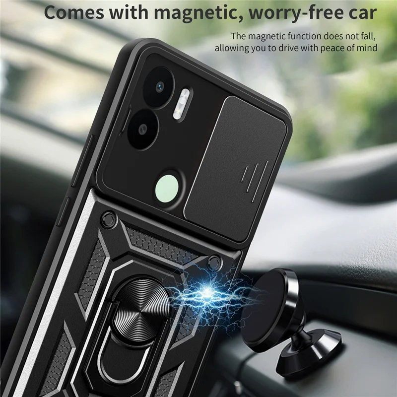 For Xiaomi Redmi A1+ 4G Case with Slide Camera Lid PC+TPU Kickstand Phone Cover - Black-Cellmalls