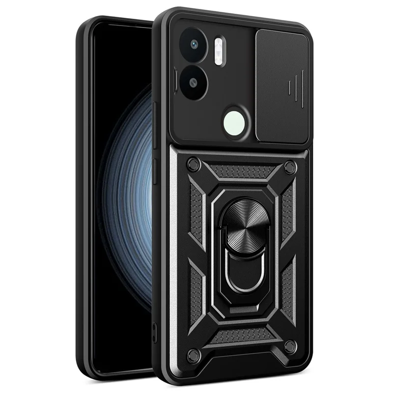 For Xiaomi Redmi A1+ 4G Case with Slide Camera Lid PC+TPU Kickstand Phone Cover - Black-Cellmalls