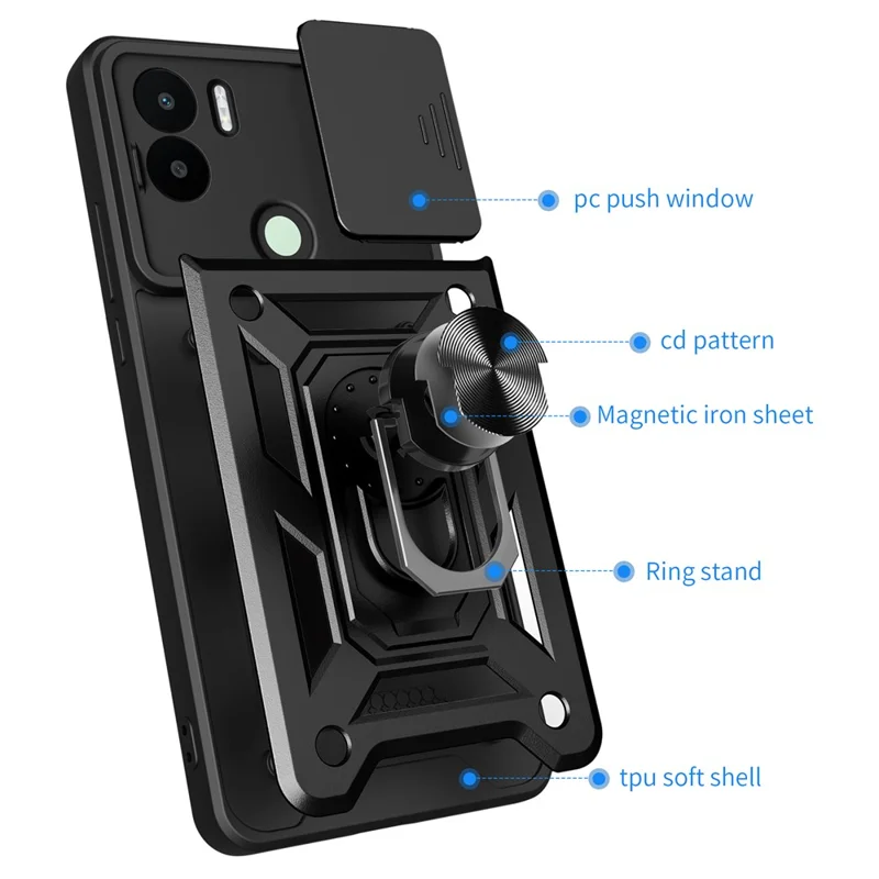 For Xiaomi Redmi A1+ 4G Case with Slide Camera Lid PC+TPU Kickstand Phone Cover - Black-Cellmalls