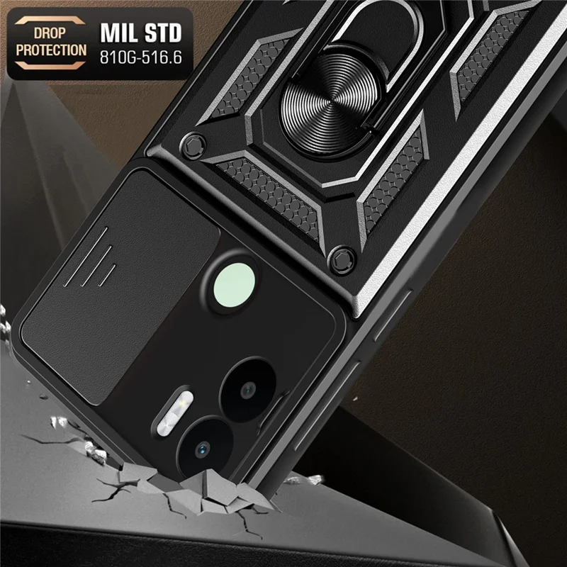 For Xiaomi Redmi A1+ 4G Case with Slide Camera Lid PC+TPU Kickstand Phone Cover - Black-Cellmalls