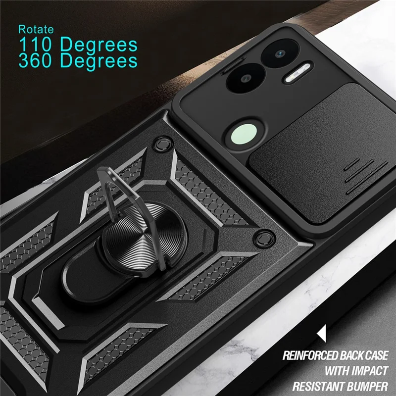 For Xiaomi Redmi A1+ 4G Case with Slide Camera Lid PC+TPU Kickstand Phone Cover - Black-Cellmalls