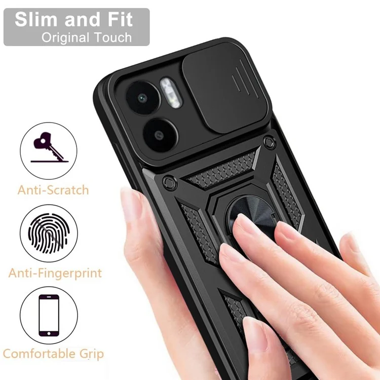 For Xiaomi Redmi A1 4G / A2 4G Kickstand PC+TPU Hybrid Cover Slide Camera Protection Anti-scratch Phone Case - Black-Cellmalls