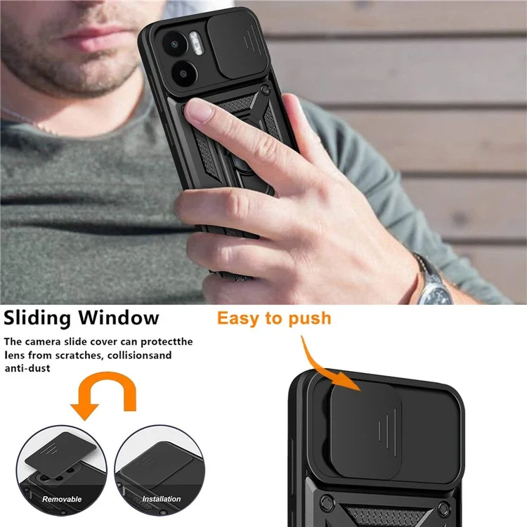 For Xiaomi Redmi A1 4G / A2 4G Kickstand PC+TPU Hybrid Cover Slide Camera Protection Anti-scratch Phone Case - Black-Cellmalls