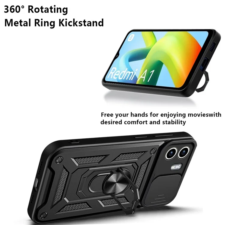 For Xiaomi Redmi A1 4G / A2 4G Kickstand PC+TPU Hybrid Cover Slide Camera Protection Anti-scratch Phone Case - Black-Cellmalls