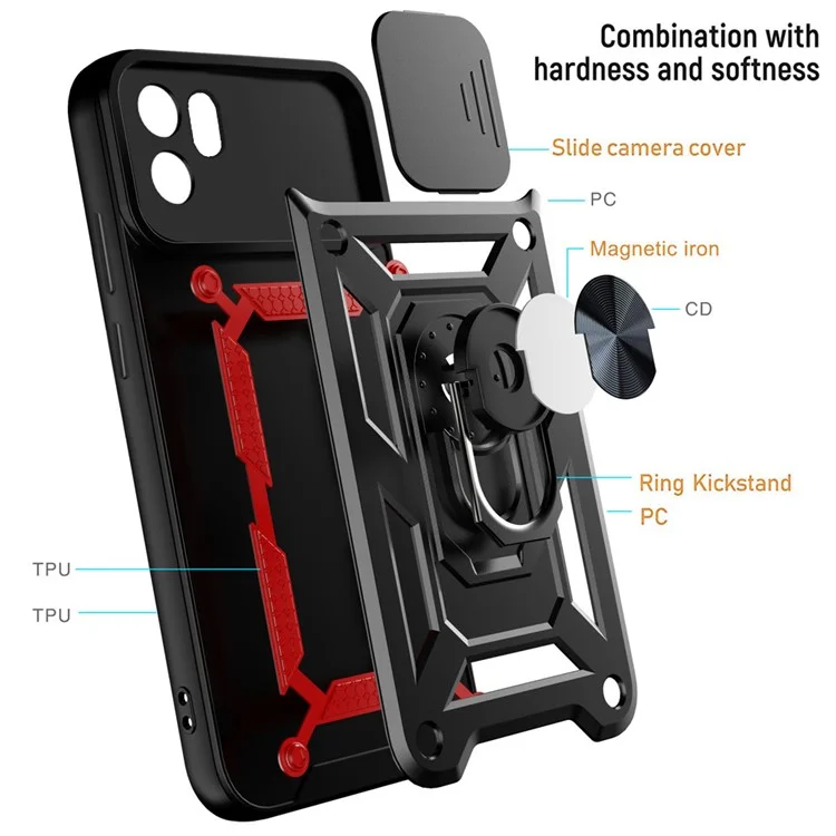 For Xiaomi Redmi A1 4G / A2 4G Kickstand PC+TPU Hybrid Cover Slide Camera Protection Anti-scratch Phone Case - Black-Cellmalls