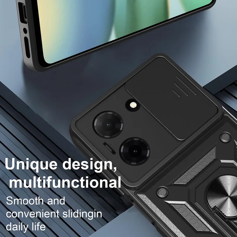 For Xiaomi Redmi A5 4G (171.7mm)  /  Poco C71 4G Case with Slide Camera Lid PC + TPU Kickstand Phone Cover - Black-Cellmalls