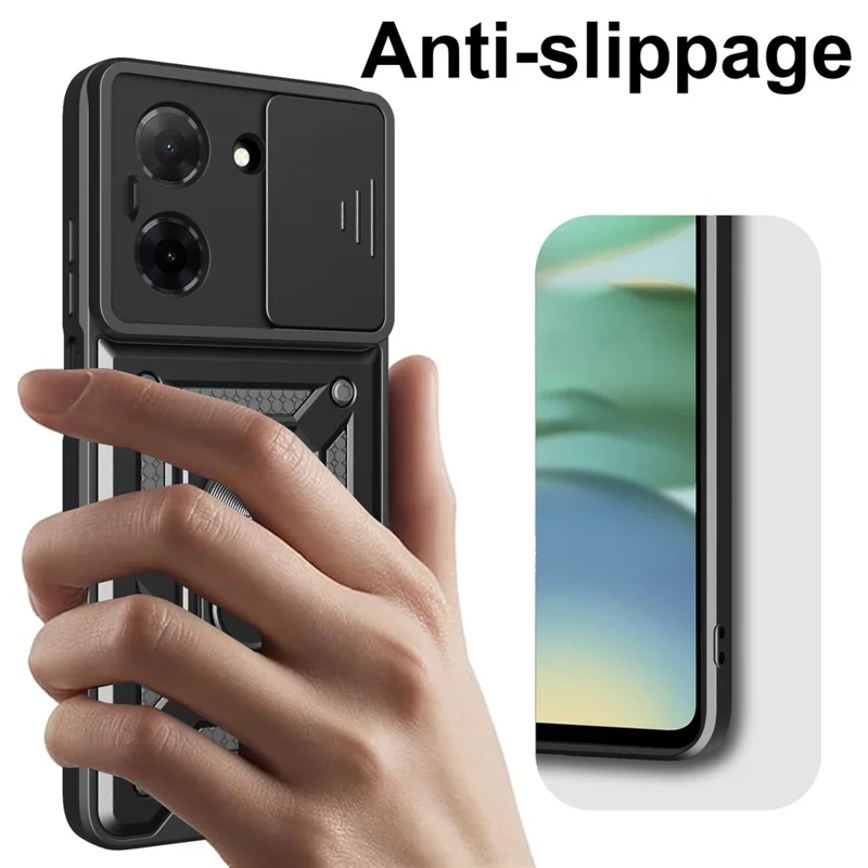 For Xiaomi Redmi A5 4G (171.7mm)  /  Poco C71 4G Case with Slide Camera Lid PC + TPU Kickstand Phone Cover - Black-Cellmalls