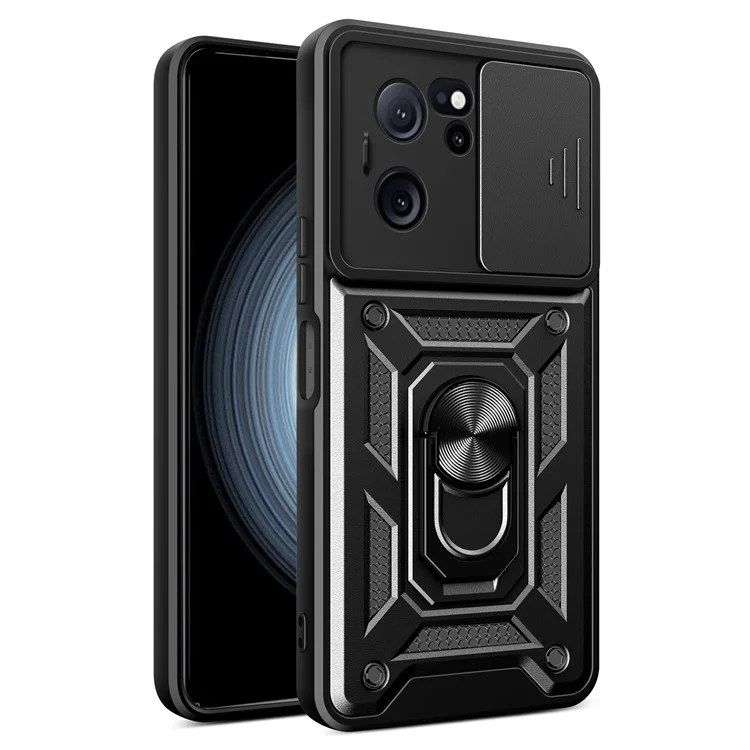 For Xiaomi Redmi K60 Ultra / 13T / 13T Pro Case Slide Lens Lid PC+TPU Cellphone Cover with Kickstand - Black-Cellmalls