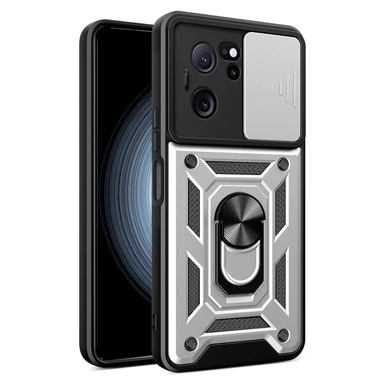 For Xiaomi Redmi K60 Ultra / 13T / 13T Pro Case Slide Lens Lid PC+TPU Cellphone Cover with Kickstand - Black-Cellmalls