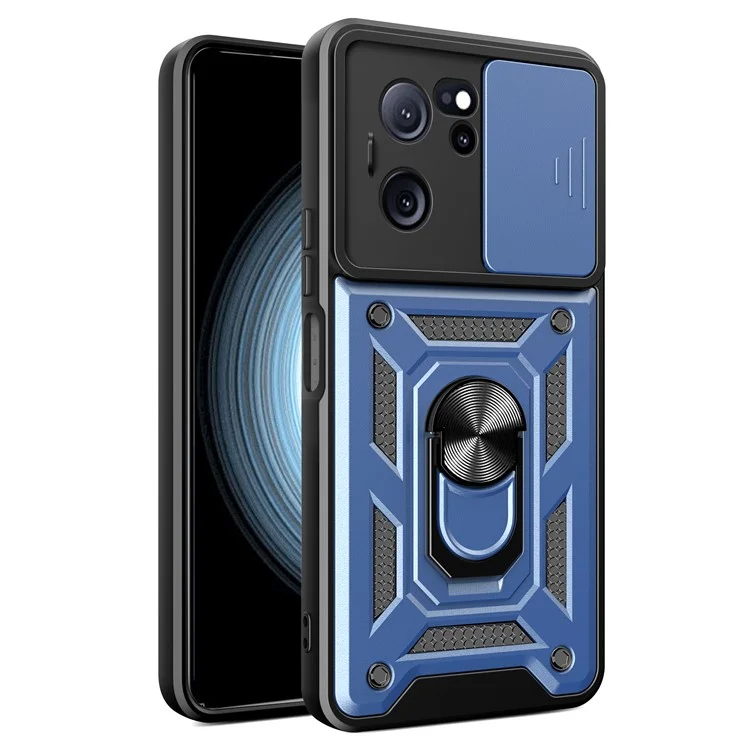 For Xiaomi Redmi K60 Ultra / 13T / 13T Pro Case Slide Lens Lid PC+TPU Cellphone Cover with Kickstand - Black-Cellmalls