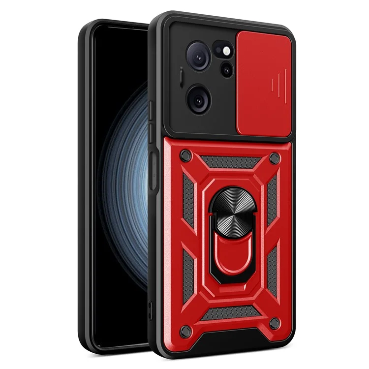 For Xiaomi Redmi K60 Ultra / 13T / 13T Pro Case Slide Lens Lid PC+TPU Cellphone Cover with Kickstand - Black-Cellmalls