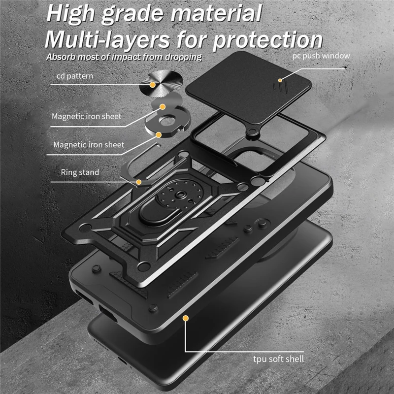 For Xiaomi Redmi K80 5G  /  Poco F7 Pro 5G Case with Slide Camera Lid PC + TPU Kickstand Phone Cover - Black-Cellmalls