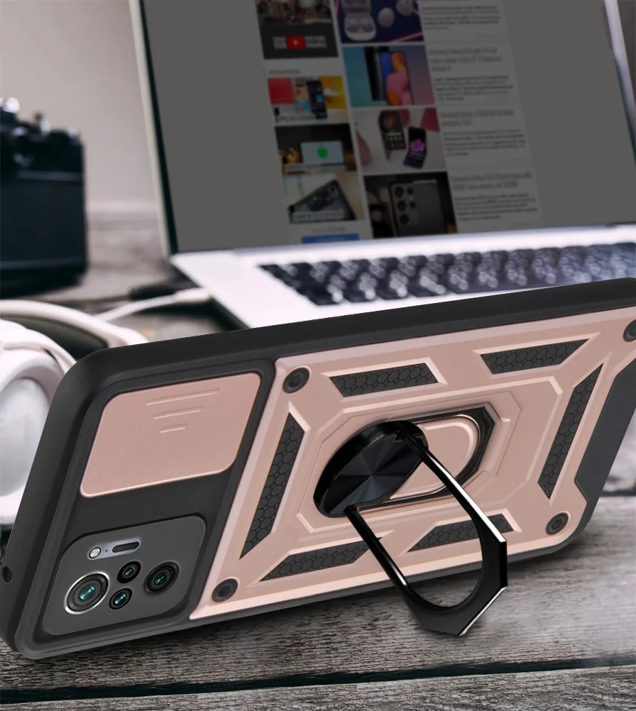 Camera Slide Shockproof Phone Case Cover with Kickstand for Xiaomi Redmi Note 10 4G / 10S 4G / Poco M5s 4G - Black-Cellmalls