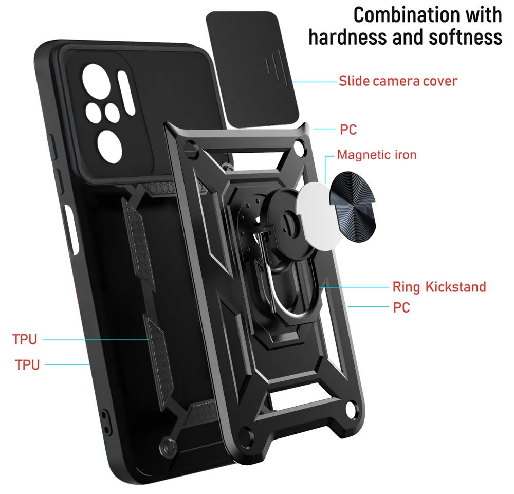 Camera Slide Shockproof Phone Case Cover with Kickstand for Xiaomi Redmi Note 10 4G / 10S 4G / Poco M5s 4G - Black-Cellmalls