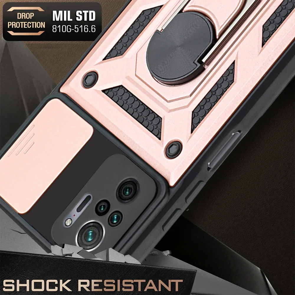 Camera Slide Shockproof Phone Case Cover with Kickstand for Xiaomi Redmi Note 10 4G / 10S 4G / Poco M5s 4G - Black-Cellmalls