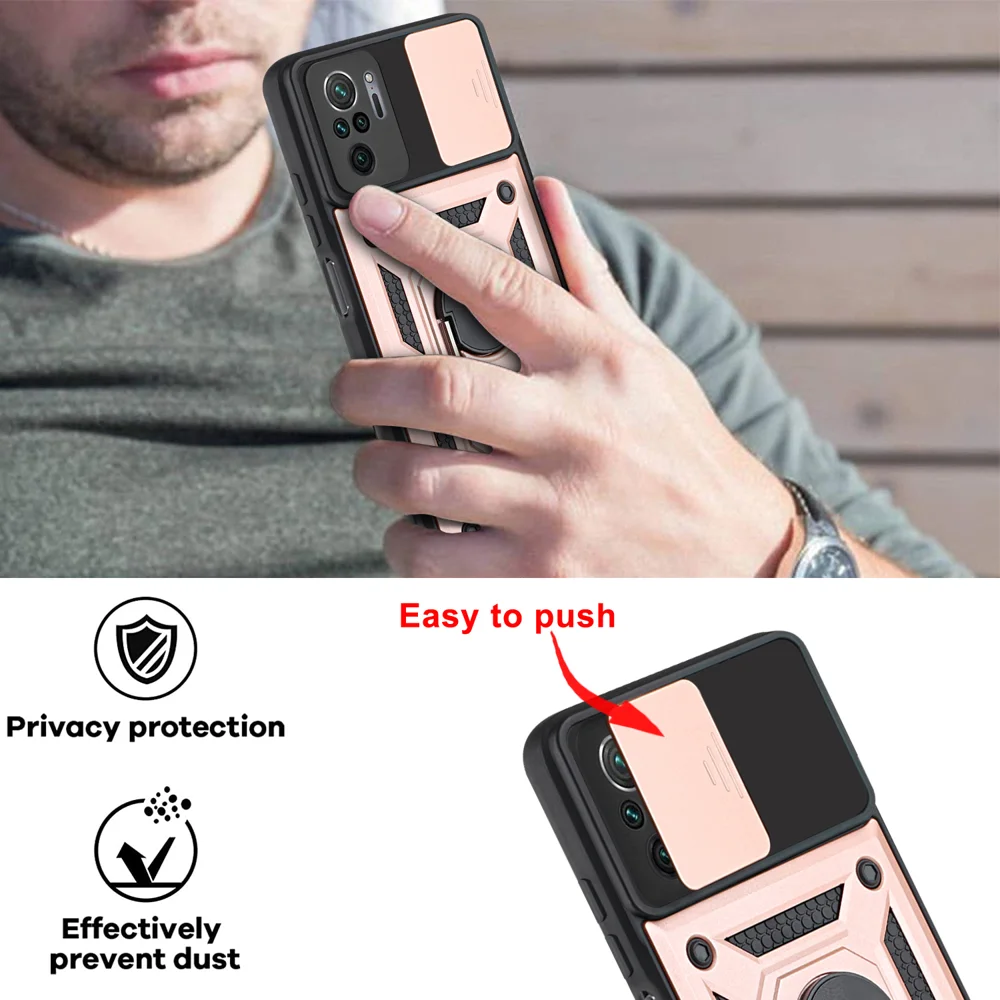 Camera Slide Shockproof Phone Case Cover with Kickstand for Xiaomi Redmi Note 10 4G / 10S 4G / Poco M5s 4G - Black-Cellmalls