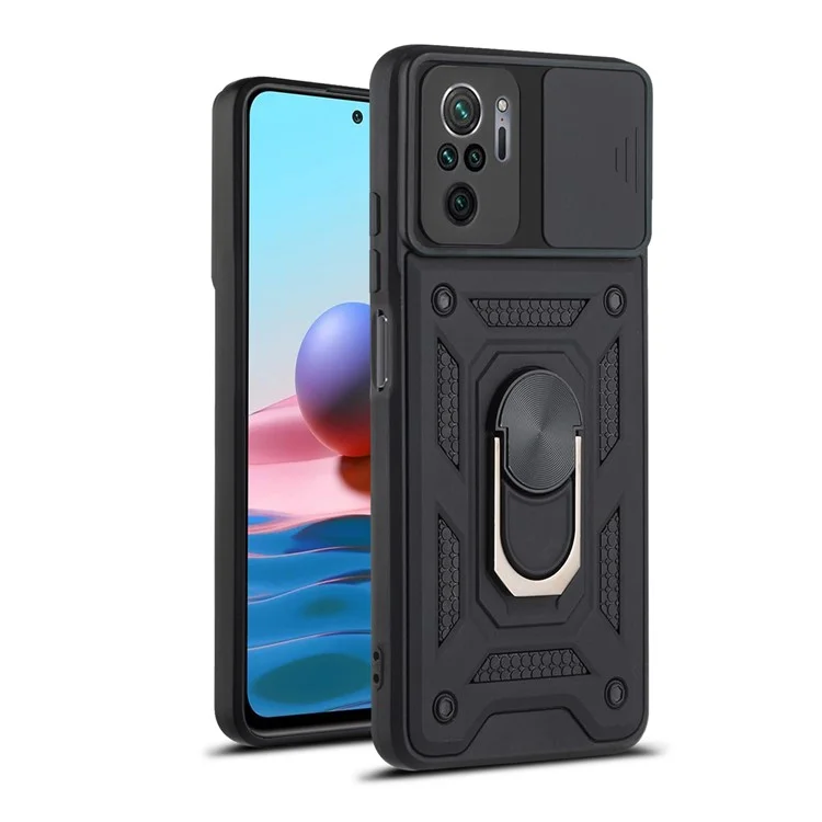 Camera Slide Shockproof Phone Case Cover with Kickstand for Xiaomi Redmi Note 10 4G / 10S 4G / Poco M5s 4G - Black-Cellmalls