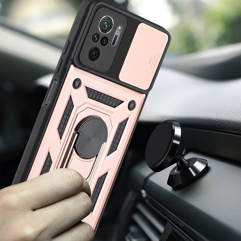 Camera Slide Shockproof Phone Case Cover with Kickstand for Xiaomi Redmi Note 10 4G / 10S 4G / Poco M5s 4G - Black-Cellmalls