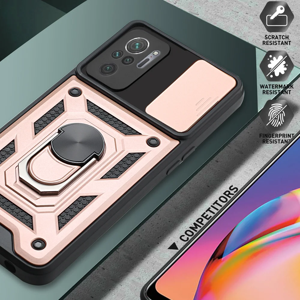 Camera Slide Shockproof Phone Case Cover with Kickstand for Xiaomi Redmi Note 10 4G / 10S 4G / Poco M5s 4G - Black-Cellmalls