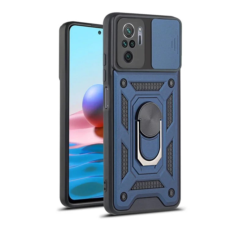 Camera Slide Shockproof Phone Case Cover with Kickstand for Xiaomi Redmi Note 10 4G / 10S 4G / Poco M5s 4G - Black-Cellmalls