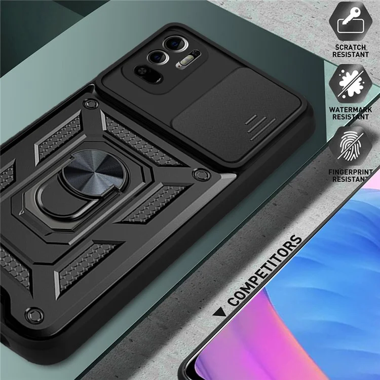 Kickstand PC + TPU Shockproof Scratch-Resistant Slide Camera Cover Phone Case for Xiaomi Redmi Note 10 5G/Note 10T 5G /Poco M3 Pro 4G/5G - Black-Cellmalls