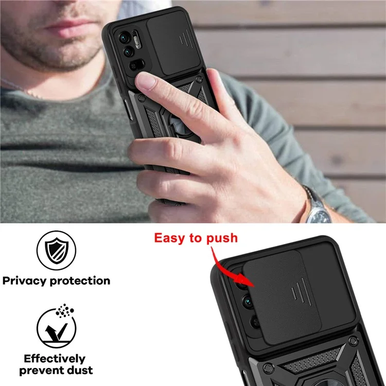 Kickstand PC + TPU Shockproof Scratch-Resistant Slide Camera Cover Phone Case for Xiaomi Redmi Note 10 5G/Note 10T 5G /Poco M3 Pro 4G/5G - Black-Cellmalls