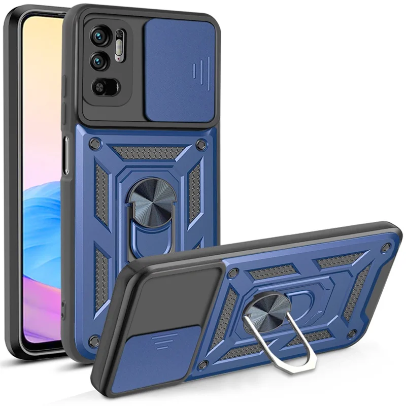 Kickstand PC + TPU Shockproof Scratch-Resistant Slide Camera Cover Phone Case for Xiaomi Redmi Note 10 5G/Note 10T 5G /Poco M3 Pro 4G/5G - Black-Cellmalls