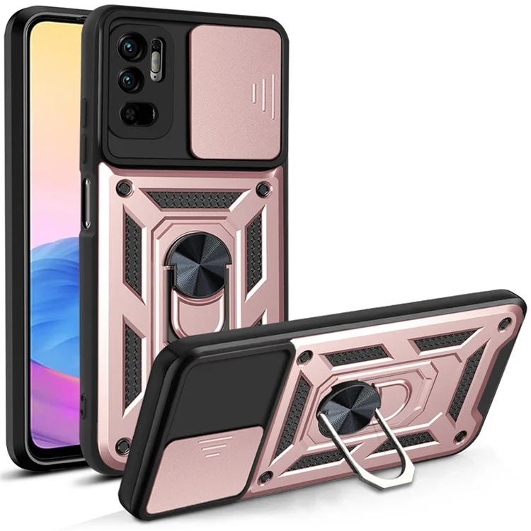 Kickstand PC + TPU Shockproof Scratch-Resistant Slide Camera Cover Phone Case for Xiaomi Redmi Note 10 5G/Note 10T 5G /Poco M3 Pro 4G/5G - Black-Cellmalls