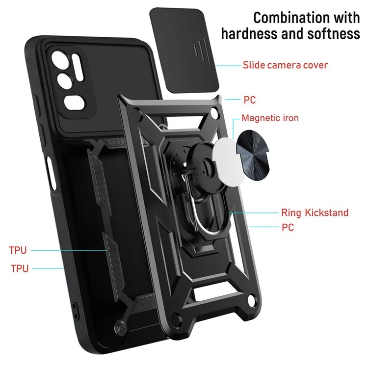 Kickstand PC + TPU Shockproof Scratch-Resistant Slide Camera Cover Phone Case for Xiaomi Redmi Note 10 5G/Note 10T 5G /Poco M3 Pro 4G/5G - Black-Cellmalls
