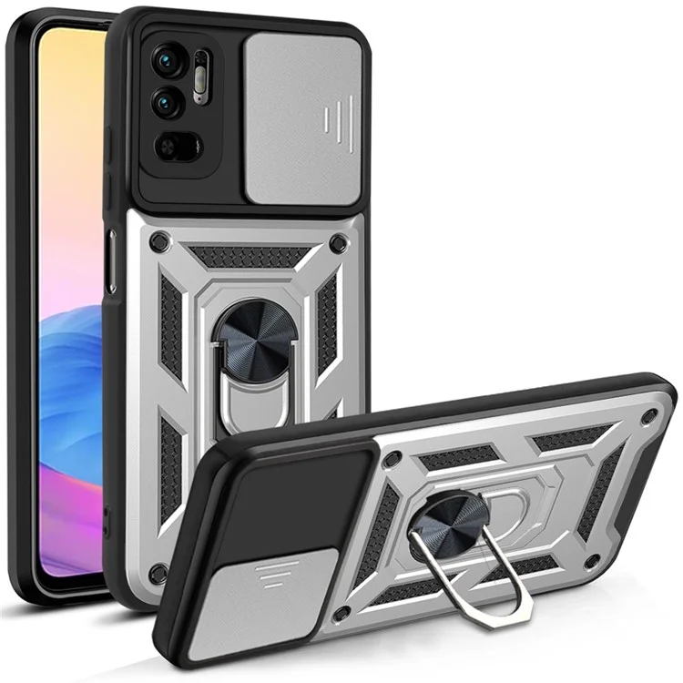 Kickstand PC + TPU Shockproof Scratch-Resistant Slide Camera Cover Phone Case for Xiaomi Redmi Note 10 5G/Note 10T 5G /Poco M3 Pro 4G/5G - Black-Cellmalls