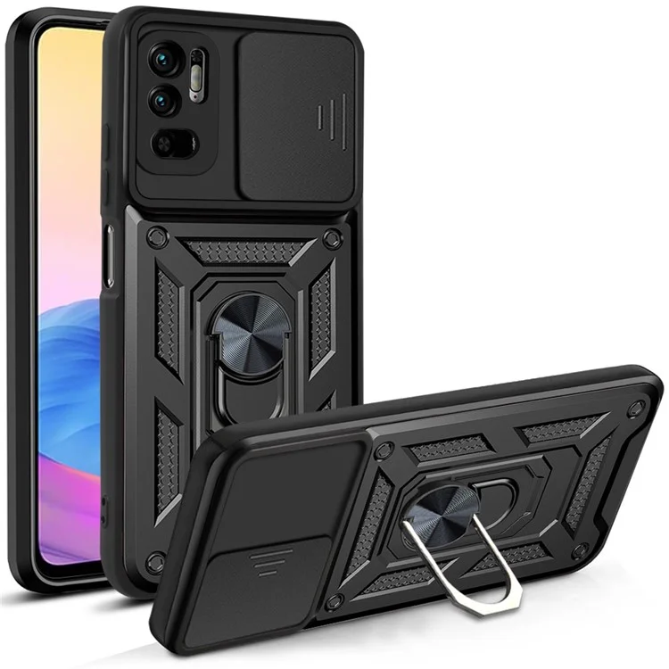 Kickstand PC + TPU Shockproof Scratch-Resistant Slide Camera Cover Phone Case for Xiaomi Redmi Note 10 5G/Note 10T 5G /Poco M3 Pro 4G/5G - Black-Cellmalls