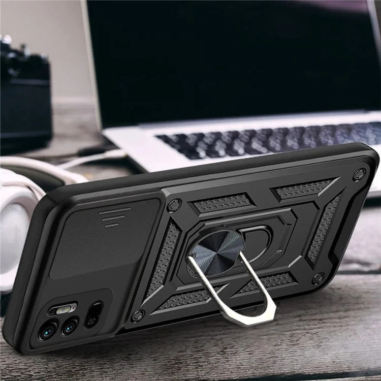 Kickstand PC + TPU Shockproof Scratch-Resistant Slide Camera Cover Phone Case for Xiaomi Redmi Note 10 5G/Note 10T 5G /Poco M3 Pro 4G/5G - Black-Cellmalls