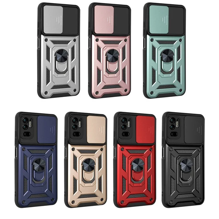 Kickstand PC + TPU Shockproof Scratch-Resistant Slide Camera Cover Phone Case for Xiaomi Redmi Note 10 5G/Note 10T 5G /Poco M3 Pro 4G/5G - Black-Cellmalls