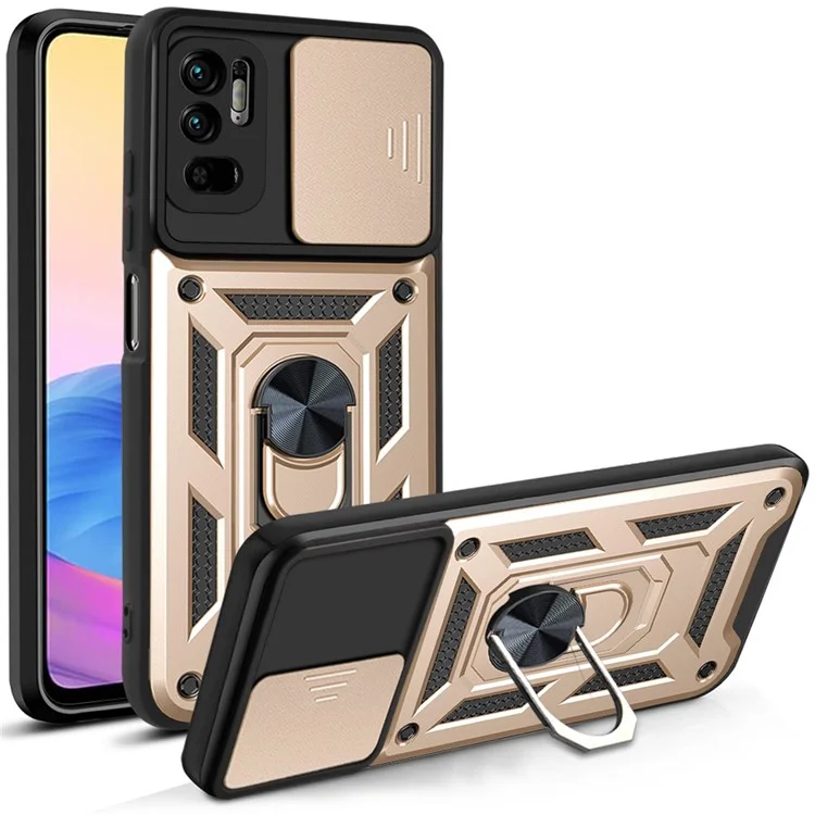 Kickstand PC + TPU Shockproof Scratch-Resistant Slide Camera Cover Phone Case for Xiaomi Redmi Note 10 5G/Note 10T 5G /Poco M3 Pro 4G/5G - Black-Cellmalls