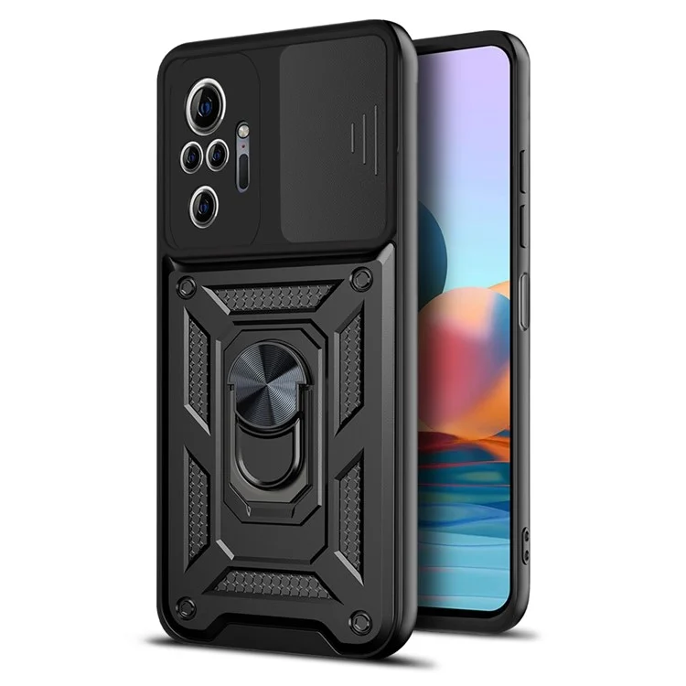 Shockproof Camera Slide Phone Hybrid Case Cover with Kickstand Ring Holder for Xiaomi Redmi Note 10 Pro 4G (Global) / Note 10 Pro 4G (India) - Black-Cellmalls