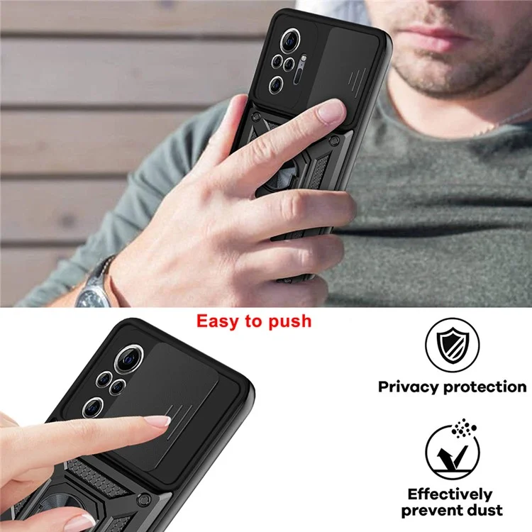 Shockproof Camera Slide Phone Hybrid Case Cover with Kickstand Ring Holder for Xiaomi Redmi Note 10 Pro 4G (Global) / Note 10 Pro 4G (India) - Black-Cellmalls