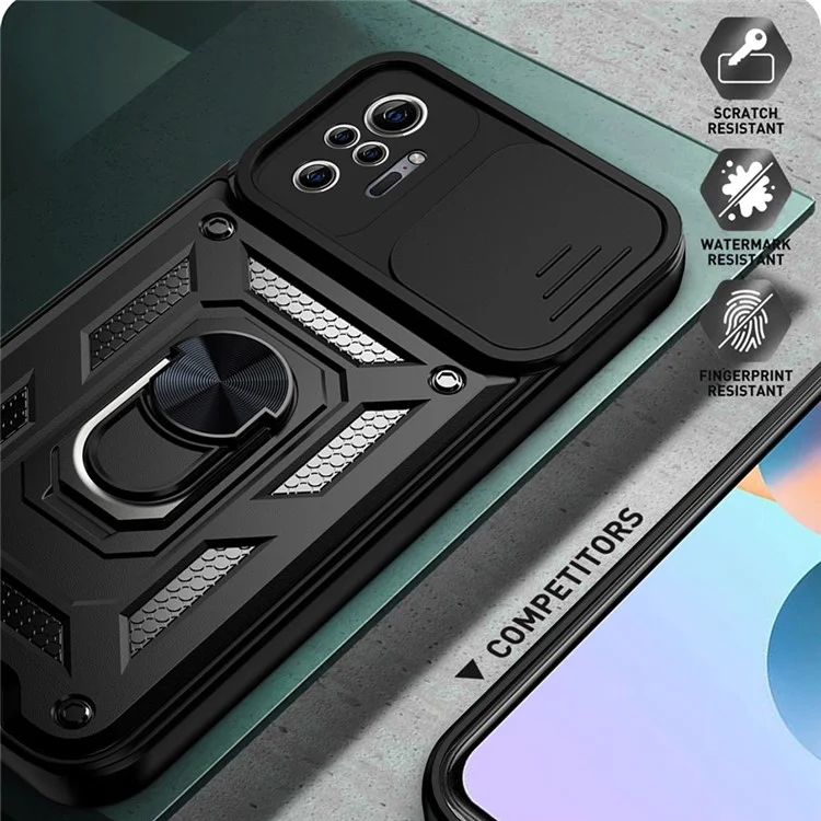 Shockproof Camera Slide Phone Hybrid Case Cover with Kickstand Ring Holder for Xiaomi Redmi Note 10 Pro 4G (Global) / Note 10 Pro 4G (India) - Black-Cellmalls