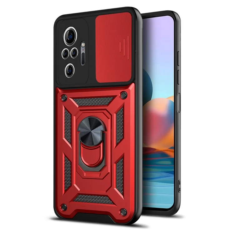 Shockproof Camera Slide Phone Hybrid Case Cover with Kickstand Ring Holder for Xiaomi Redmi Note 10 Pro 4G (Global) / Note 10 Pro 4G (India) - Black-Cellmalls