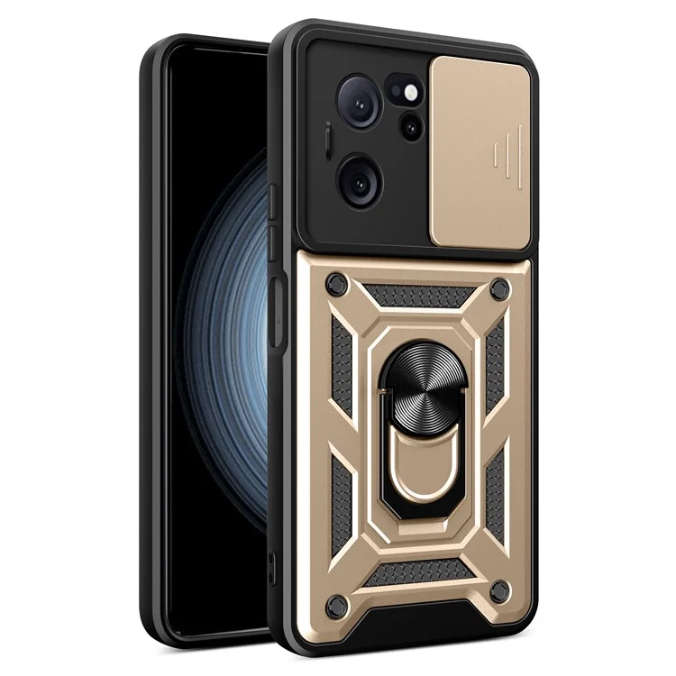 For Xiaomi Redmi K60 Ultra / 13T / 13T Pro Case Slide Lens Lid PC+TPU Cellphone Cover with Kickstand - Black-Cellmalls