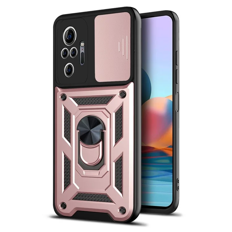 Shockproof Camera Slide Phone Hybrid Case Cover with Kickstand Ring Holder for Xiaomi Redmi Note 10 Pro 4G (Global) / Note 10 Pro 4G (India) - Black-Cellmalls