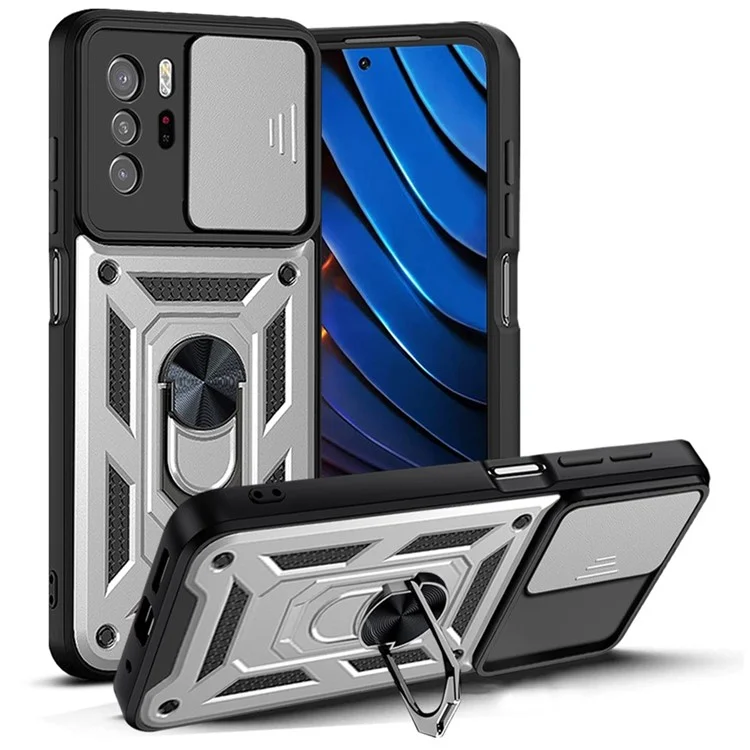 For Xiaomi Redmi Note 10 Pro 5G (China) / Poco X3 GT 5G Kickstand Hard PC Soft TPU Protective Phone Case with Slide Camera Cover - Black-Cellmalls