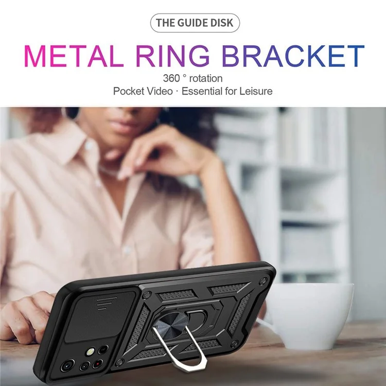For Xiaomi Redmi Note 11 5G (China) (MediaTek)/Note 11T 5G/Note 11S 5G Camera Slide Cover Ring Holder Kickstand Stylish Anti-scratch PC + TPU Phone Cover Case - Black-Cellmalls