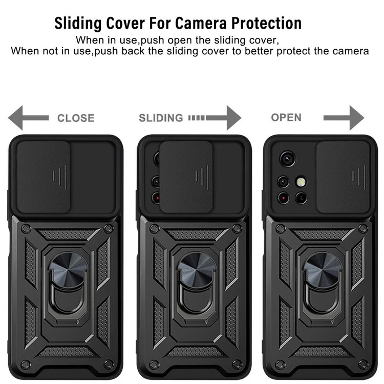 For Xiaomi Redmi Note 11 5G (China) (MediaTek)/Note 11T 5G/Note 11S 5G Camera Slide Cover Ring Holder Kickstand Stylish Anti-scratch PC + TPU Phone Cover Case - Black-Cellmalls