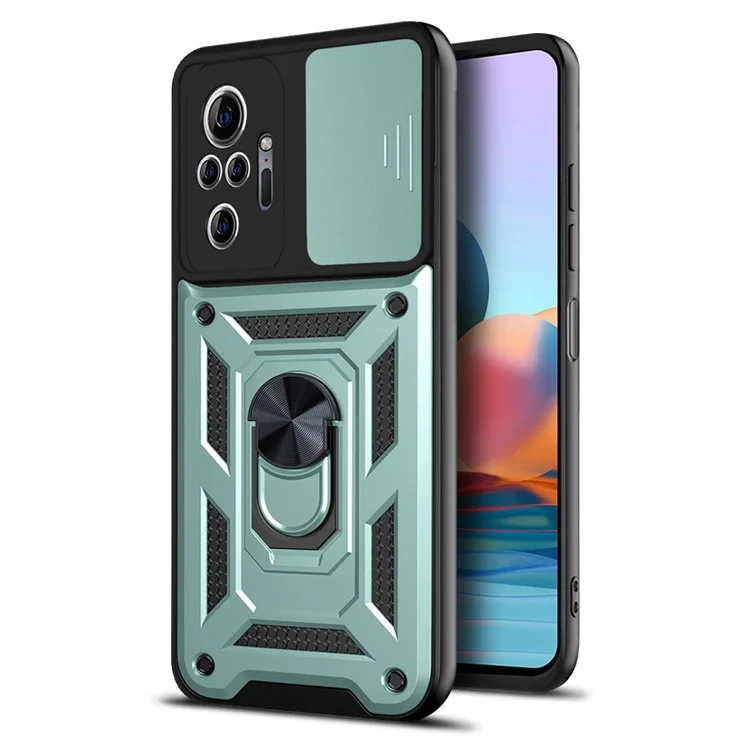 Shockproof Camera Slide Phone Hybrid Case Cover with Kickstand Ring Holder for Xiaomi Redmi Note 10 Pro 4G (Global) / Note 10 Pro 4G (India) - Black-Cellmalls