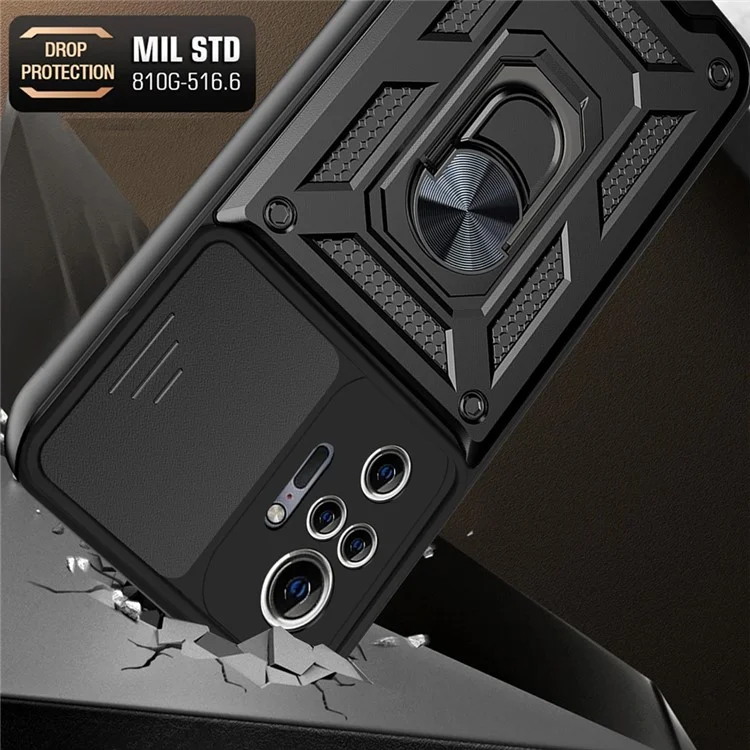 Shockproof Camera Slide Phone Hybrid Case Cover with Kickstand Ring Holder for Xiaomi Redmi Note 10 Pro 4G (Global) / Note 10 Pro 4G (India) - Black-Cellmalls