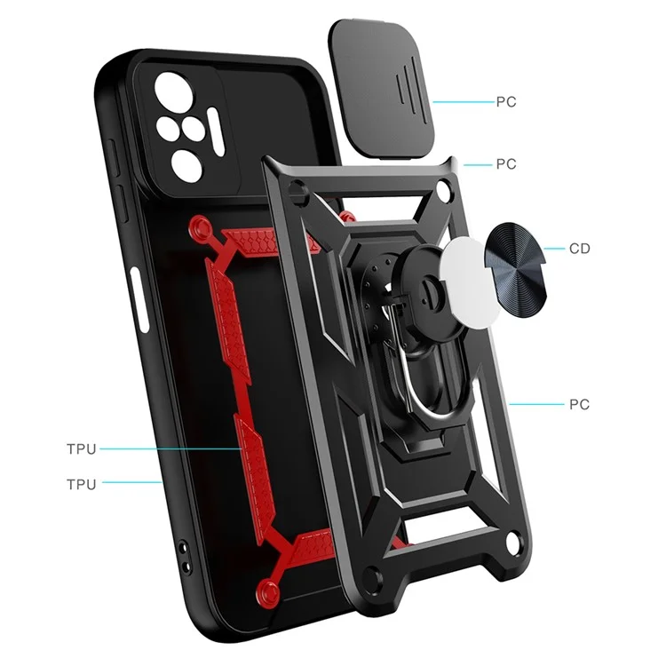 Shockproof Camera Slide Phone Hybrid Case Cover with Kickstand Ring Holder for Xiaomi Redmi Note 10 Pro 4G (Global) / Note 10 Pro 4G (India) - Black-Cellmalls