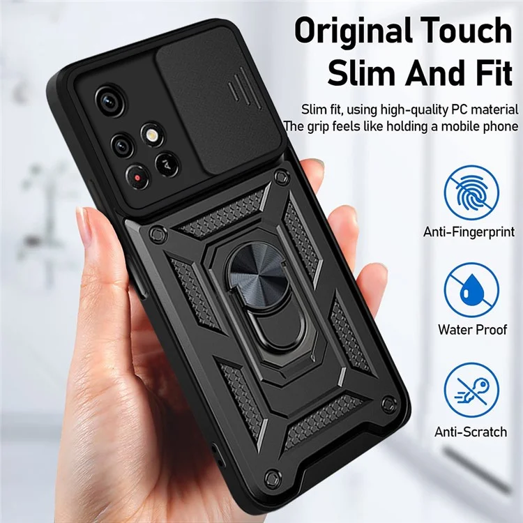 For Xiaomi Redmi Note 11 5G (China) (MediaTek)/Note 11T 5G/Note 11S 5G Camera Slide Cover Ring Holder Kickstand Stylish Anti-scratch PC + TPU Phone Cover Case - Black-Cellmalls